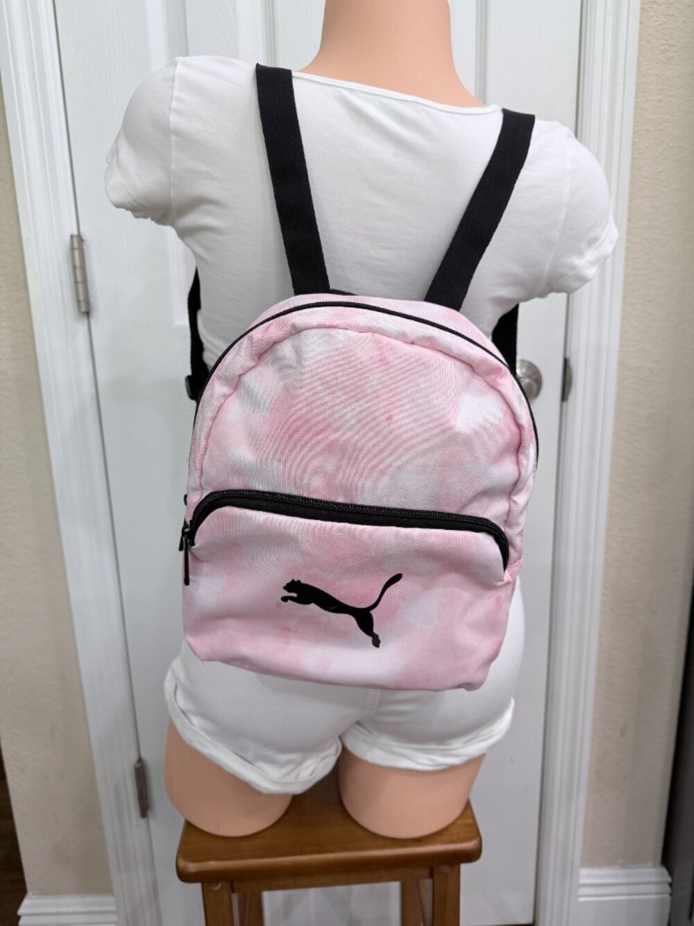 PUMA Mini Backpack Pink Tie Dye Cloud Print Black Logo Adjustable Straps